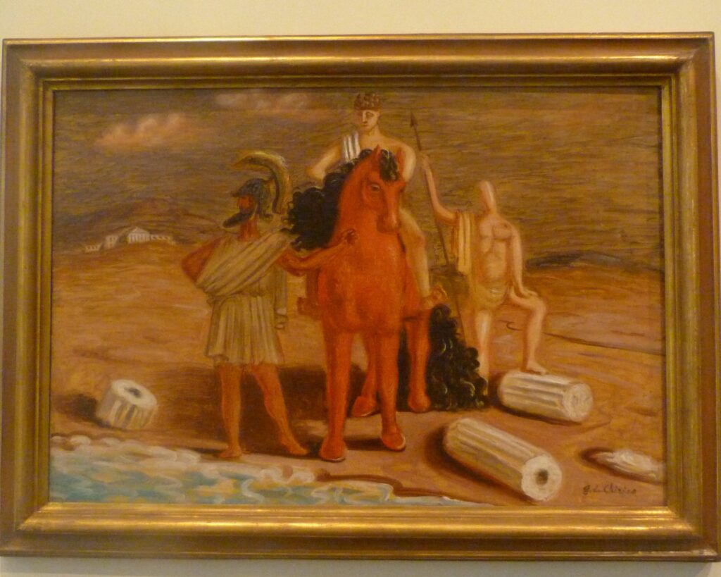 Cavaliere con due personaggi antichi in riva al mare